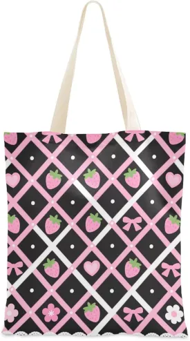 Pink Cute Strawberry -shaped Grid Tote Bag Canvas Wedding Gift Bulk Tote Bags
