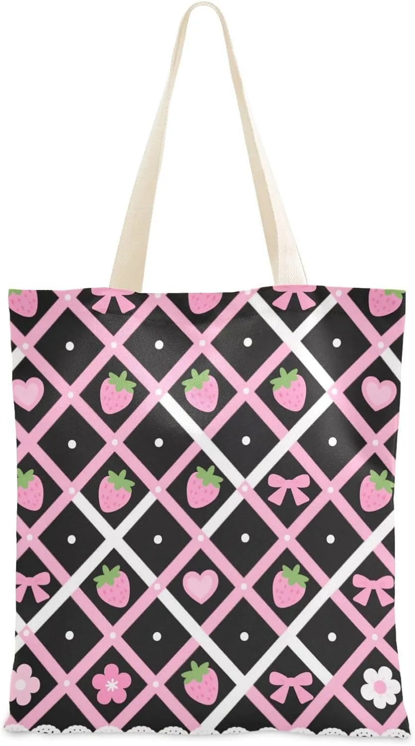 Pink Cute Strawberry -shaped Grid Tote Bag Canvas Wedding Gift Bulk Tote Bags