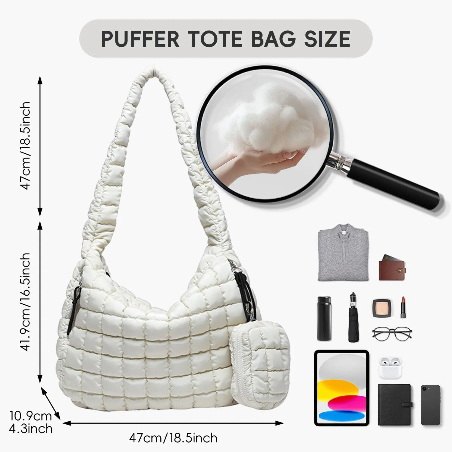 Puffer Tote Bag for Women, Large Quilted Puffer Bag with Pouch, Puffy Quilted Hobo Bag, Puff Crossbody Purse