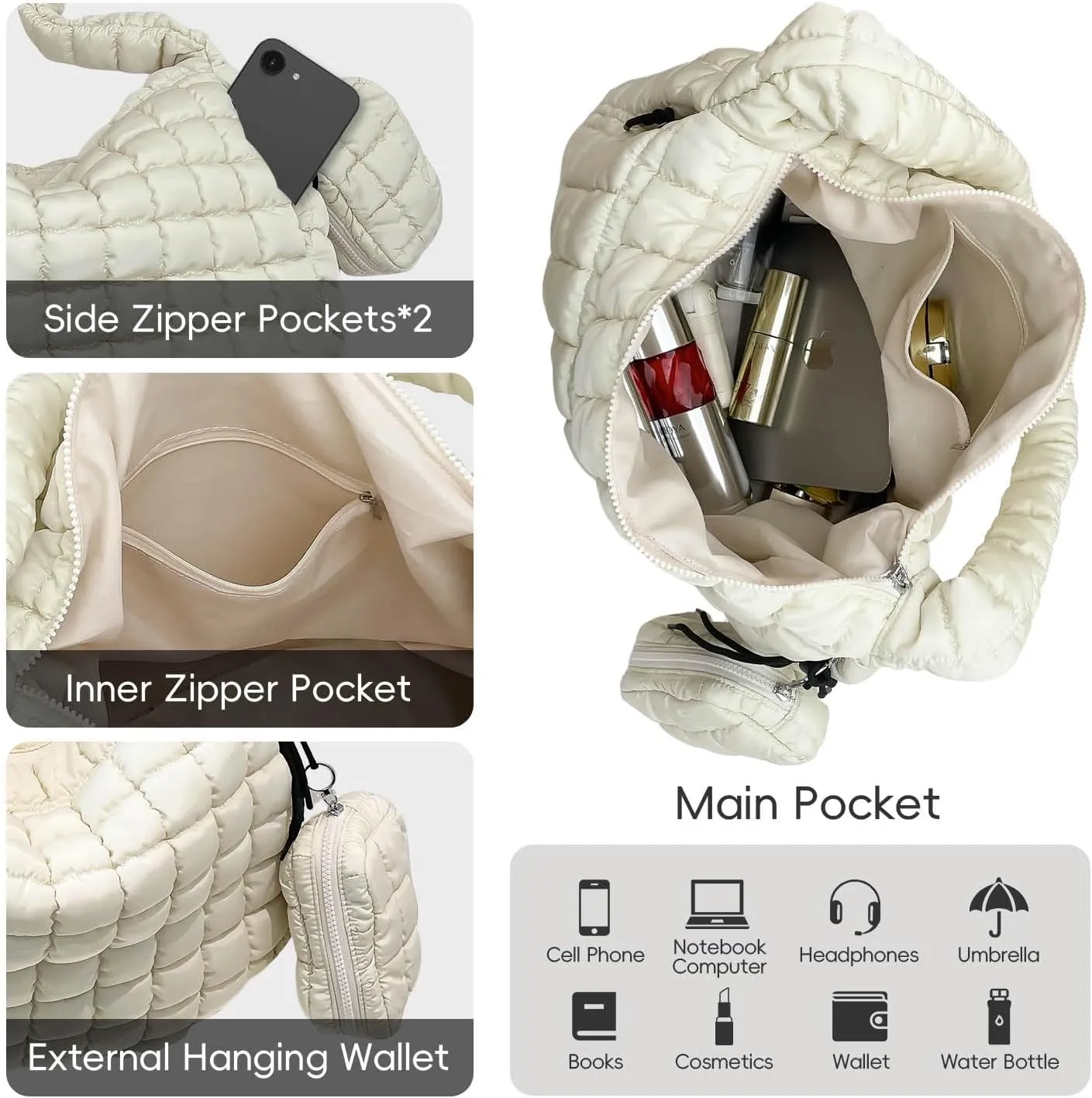 Puffer Tote Bag for Women, Large Quilted Puffer Bag with Pouch, Puffy Quilted Hobo Bag, Puff Crossbody Purse