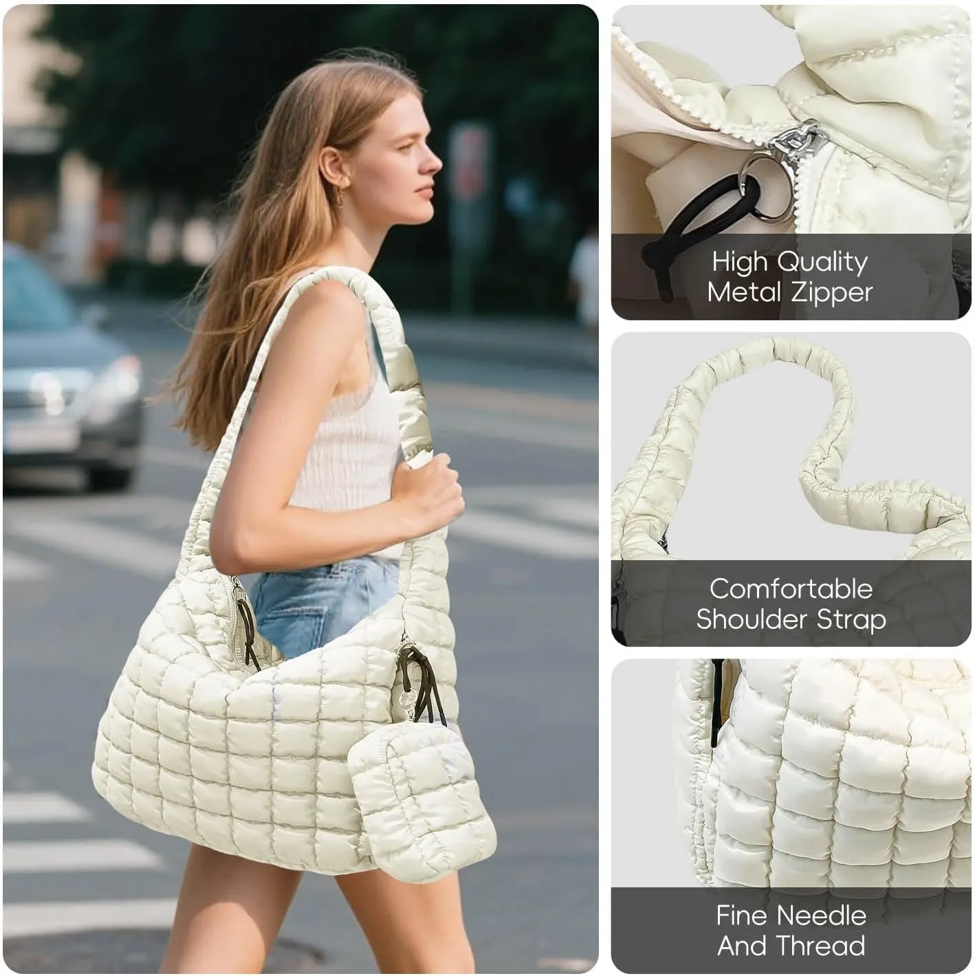 Puffer Tote Bag for Women, Large Quilted Puffer Bag with Pouch, Puffy Quilted Hobo Bag, Puff Crossbody Purse