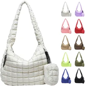 Puffer Tote Bag for Women, Large Quilted Puffer Bag with Pouch, Puffy Quilted Hobo Bag, Puff Crossbody Purse