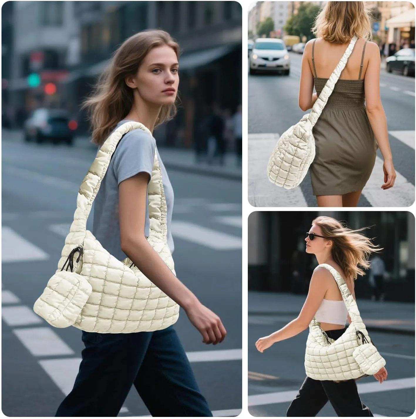Puffer Tote Bag for Women, Large Quilted Puffer Bag with Pouch, Puffy Quilted Hobo Bag, Puff Crossbody Purse
