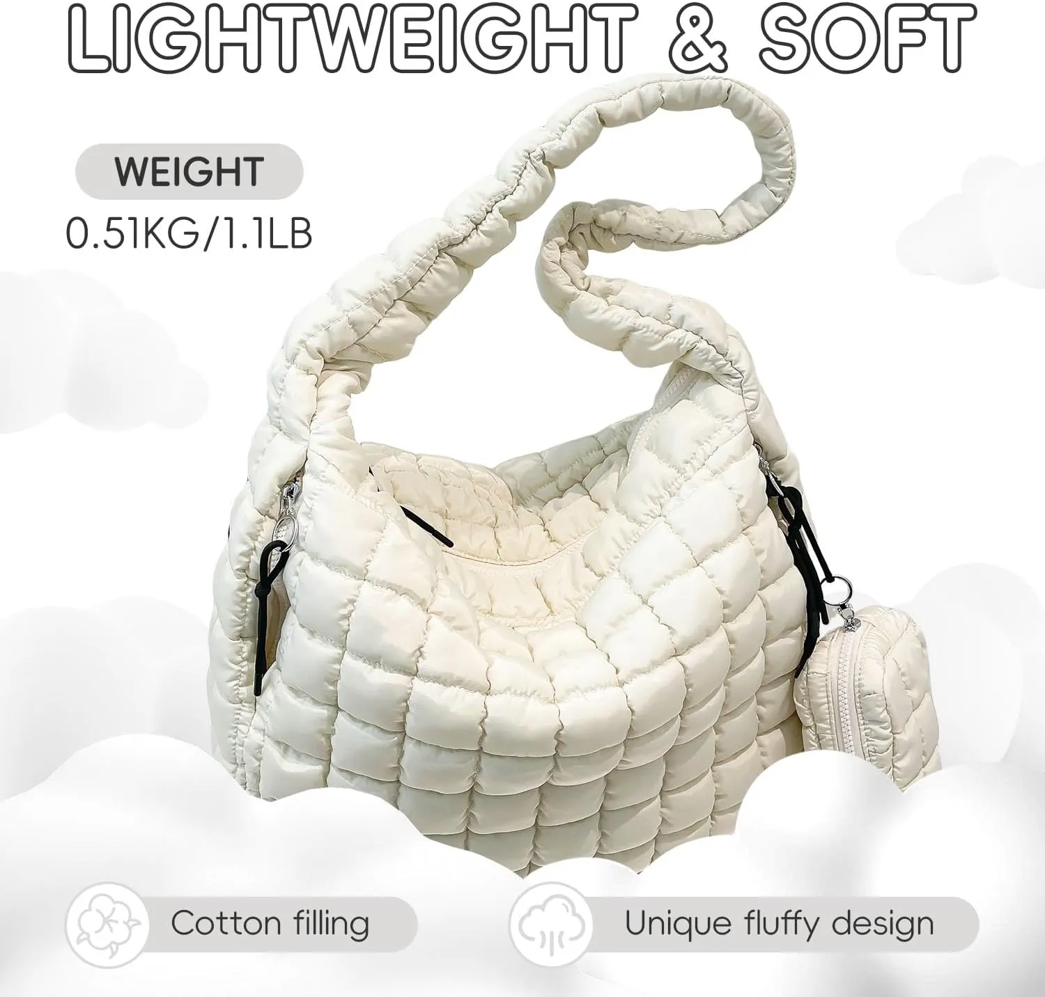 Puffer Tote Bag for Women, Large Quilted Puffer Bag with Pouch, Puffy Quilted Hobo Bag, Puff Crossbody Purse