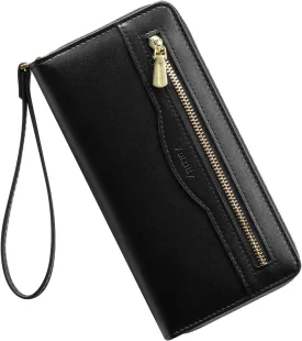 RFID Wallet for Women, Leather Large Billfold Clutch Wallets for Women, Long Ladies Wallet Purse with Wristlet, Women's Zippered Wallet with RFID-blocker Protection, Lightweight Female Wallet