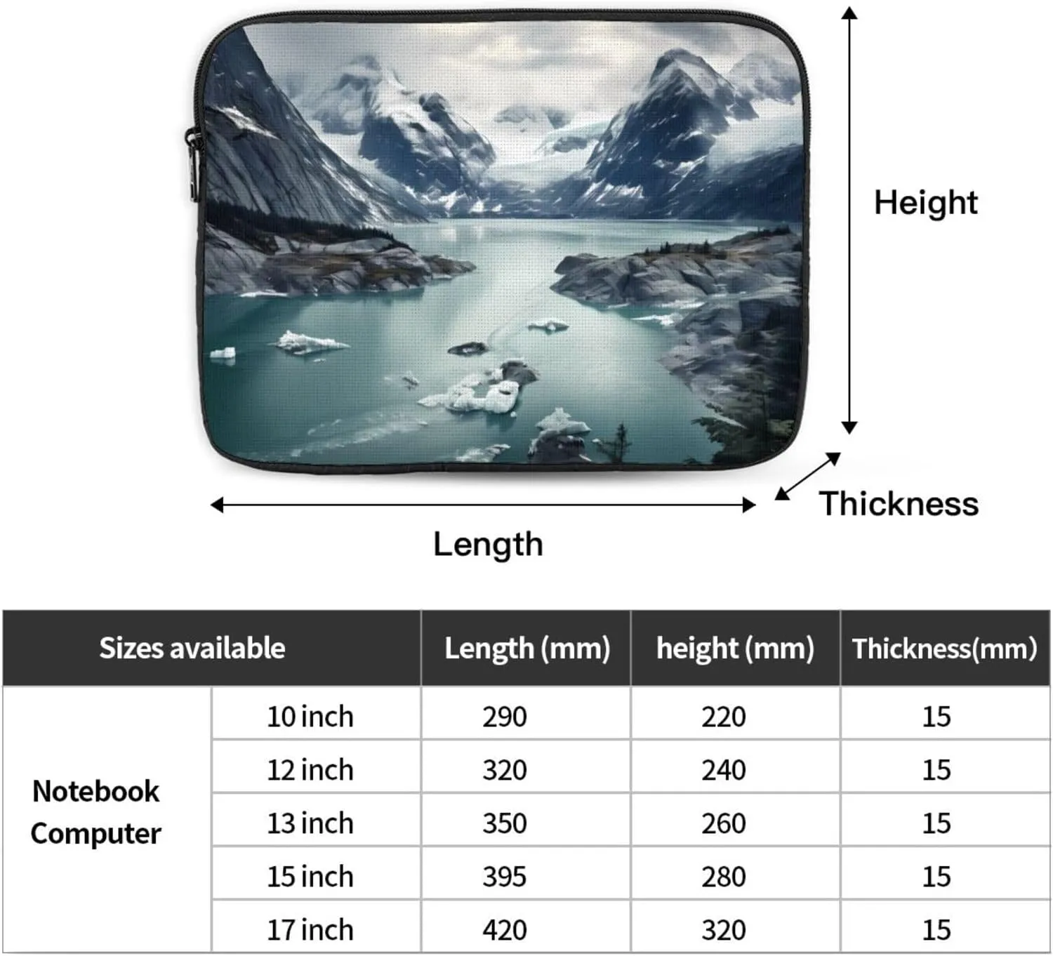 Shockproof Portable Laptop Sleeve Bag 10 inch - for Men and Women Business Travel, School, and Office Use Glacier Fjord, Alaska Pattern