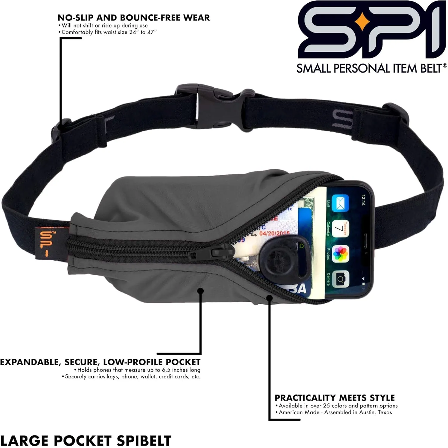 SPIbelt Running Belt for Women Men, Phone Holder for Running, Running Fanny Pack, Holder for Phone, Running Waist Pack, Adjustable Waist, [Fits All Phones]. Black with Hot Pink Zipper