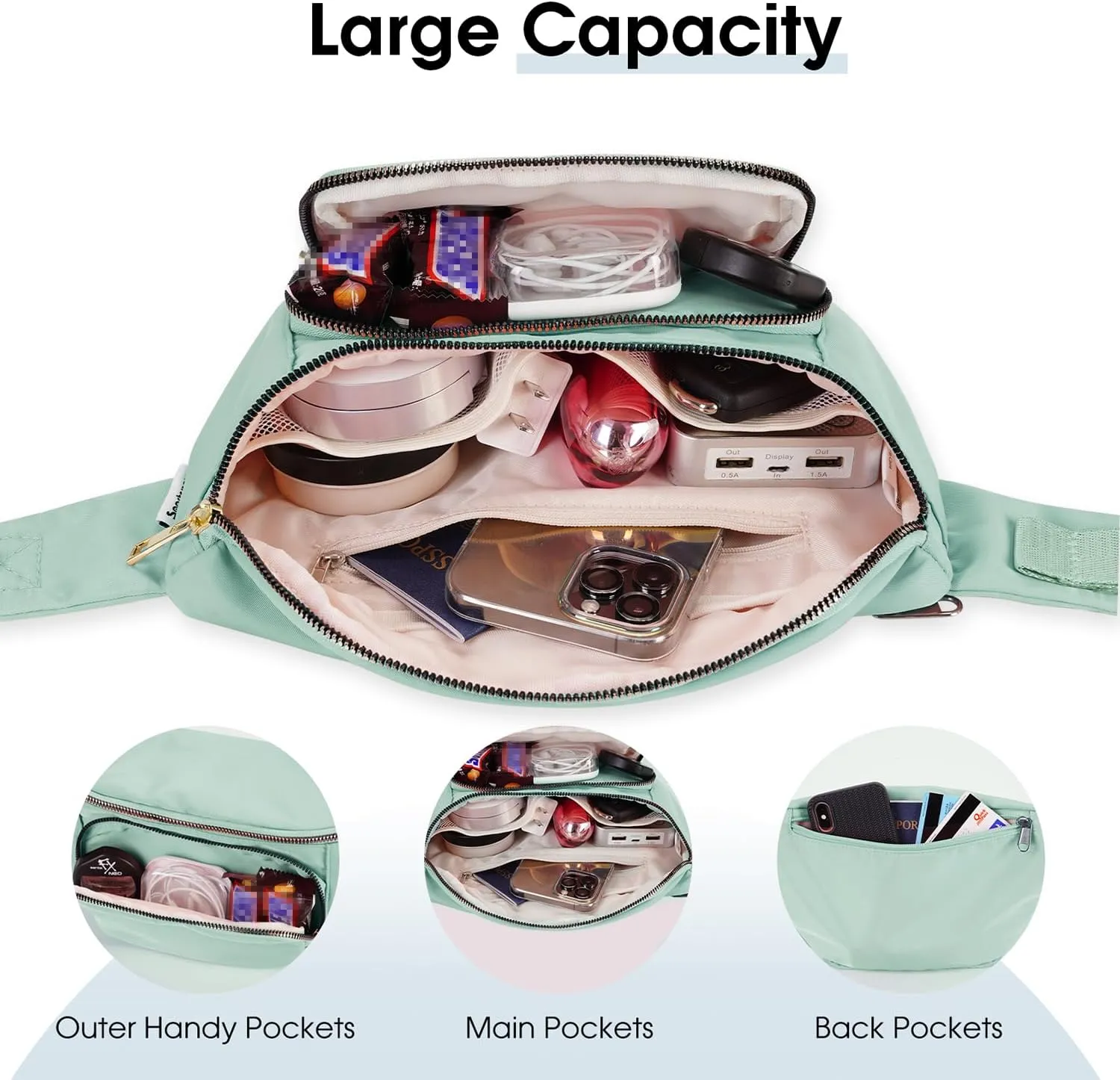 sportsnew Fanny Packs for Women,Large Waist Pack with Extra Extension Belt,Fashion Crossbody Belt Bags for Travel Walking Running Hiking, Mint Green, patent pending