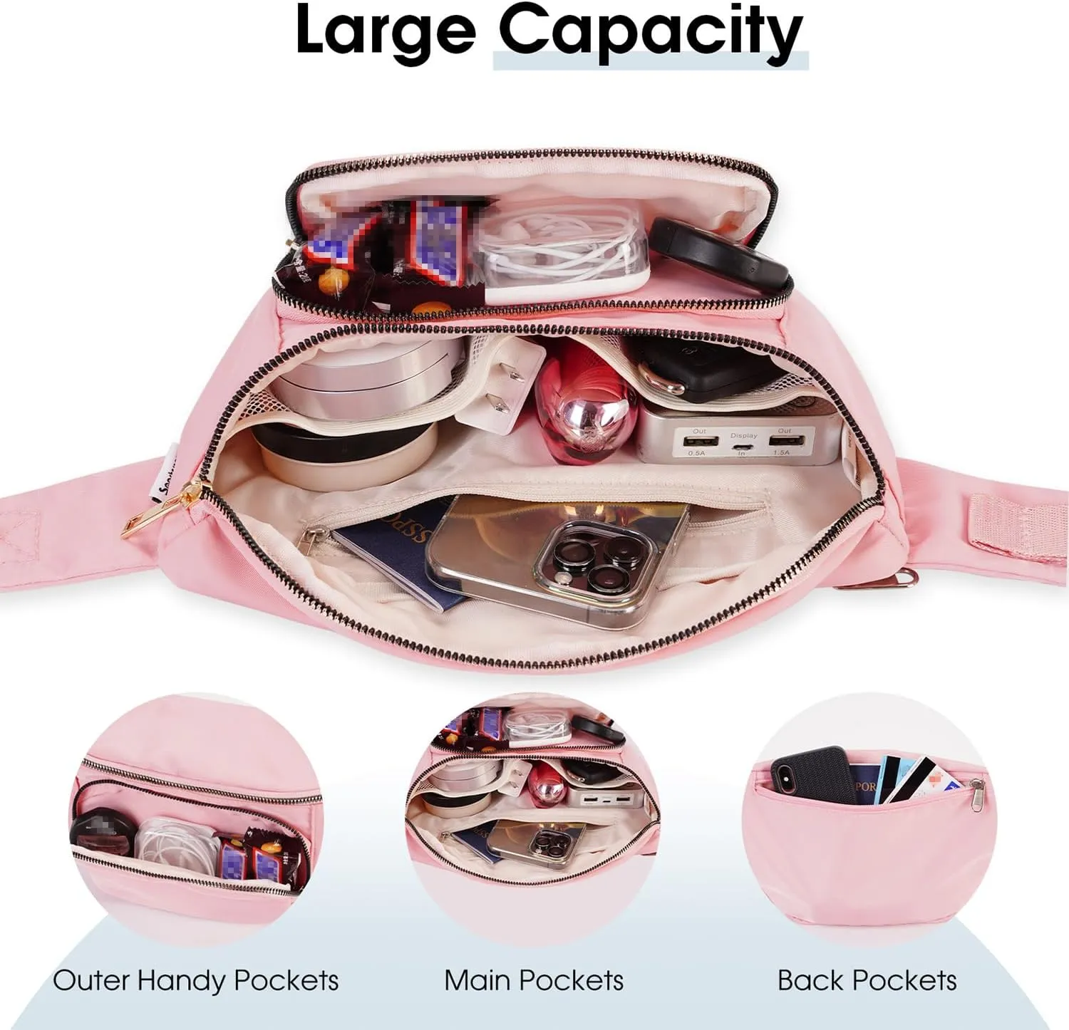 sportsnew Fanny Packs for Women,Large Waist Pack with Extra Extension Belt,Fashion Crossbody Belt Bags for Travel Walking Running Hiking Pink