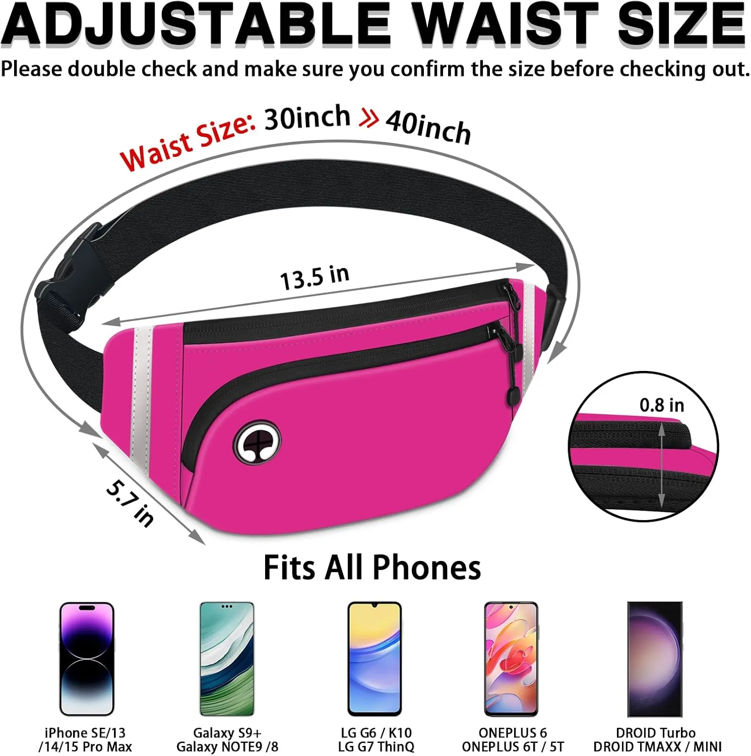 TORRYZA Fanny Packs for Women Men, Waterproof Waist Pack with Reflective Strip, Lightweight Slim Belt Bag with No-Bounce Adjustable Strap Travel Running Hiking Walking Sport(Rose Red)