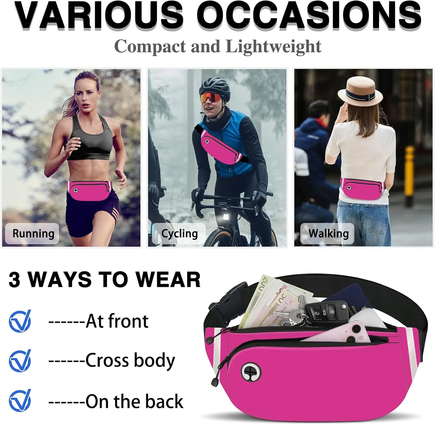 TORRYZA Fanny Packs for Women Men, Waterproof Waist Pack with Reflective Strip, Lightweight Slim Belt Bag with No-Bounce Adjustable Strap Travel Running Hiking Walking Sport(Rose Red)