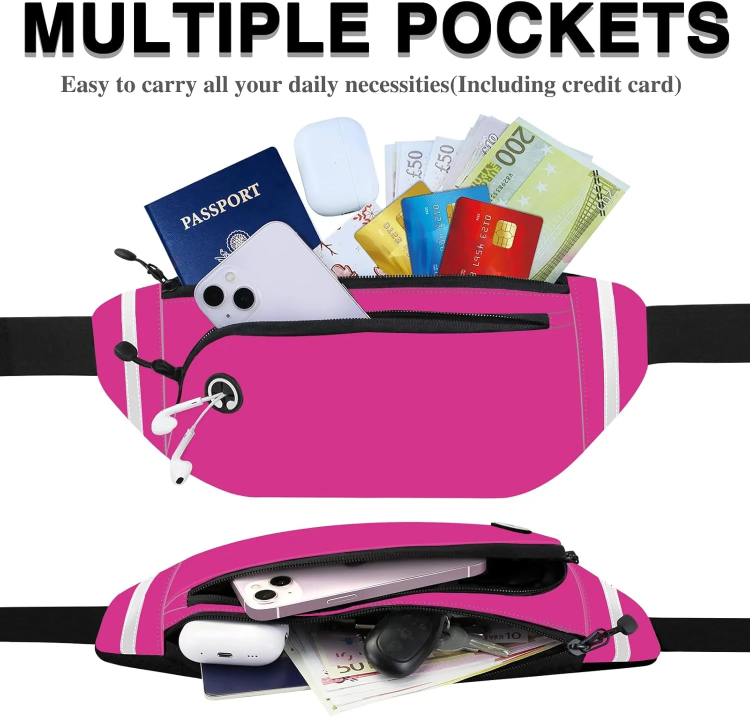 TORRYZA Fanny Packs for Women Men, Waterproof Waist Pack with Reflective Strip, Lightweight Slim Belt Bag with No-Bounce Adjustable Strap Travel Running Hiking Walking Sport(Rose Red)