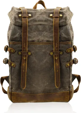 Waxed Canvas Leather Hiking Travel Waterproof Backpack For College Weekend Travel Fit 15in Laptops (Army Green)