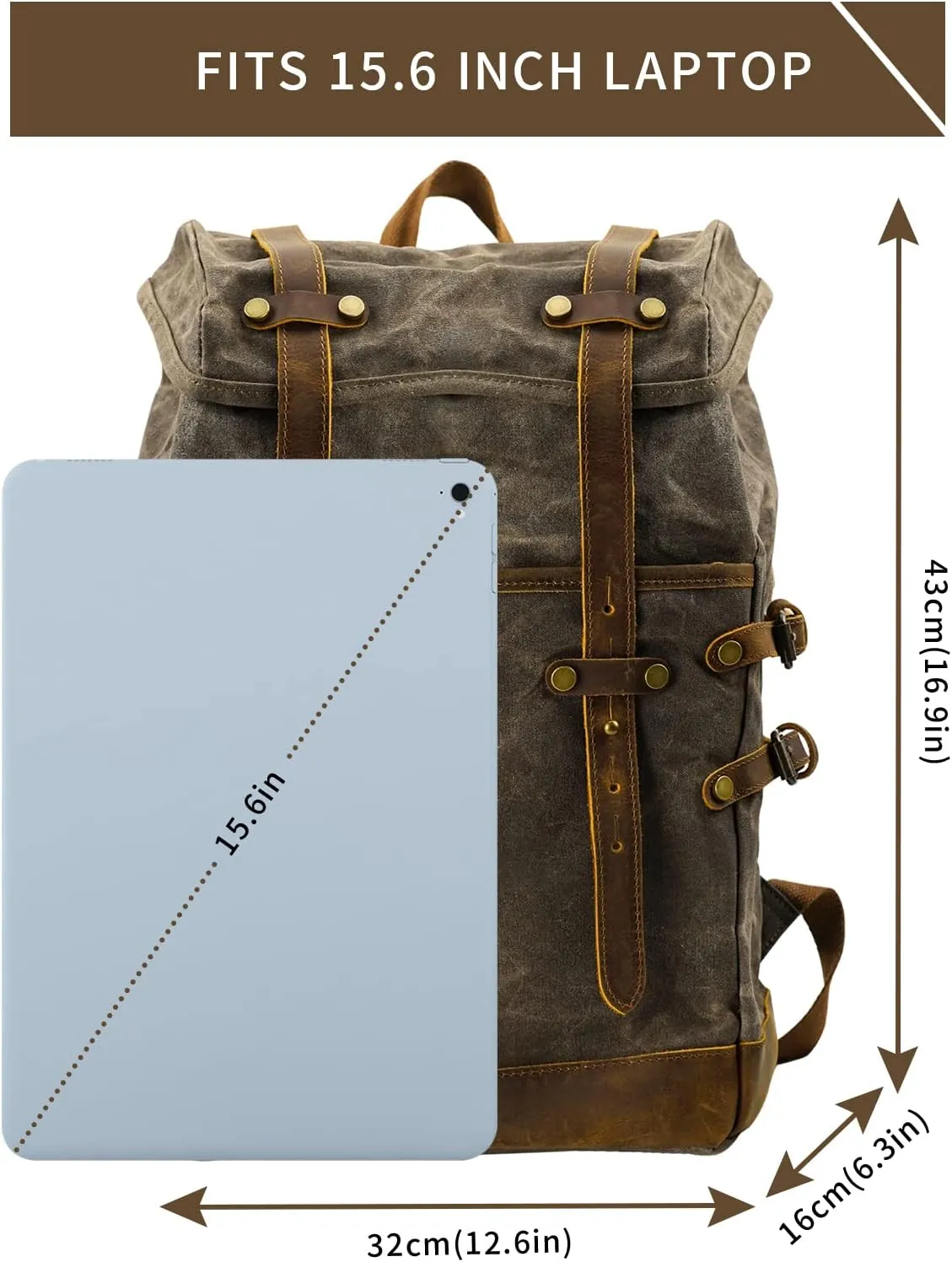 Waxed Canvas Leather Hiking Travel Waterproof Backpack For College Weekend Travel Fit 15in Laptops (Army Green)