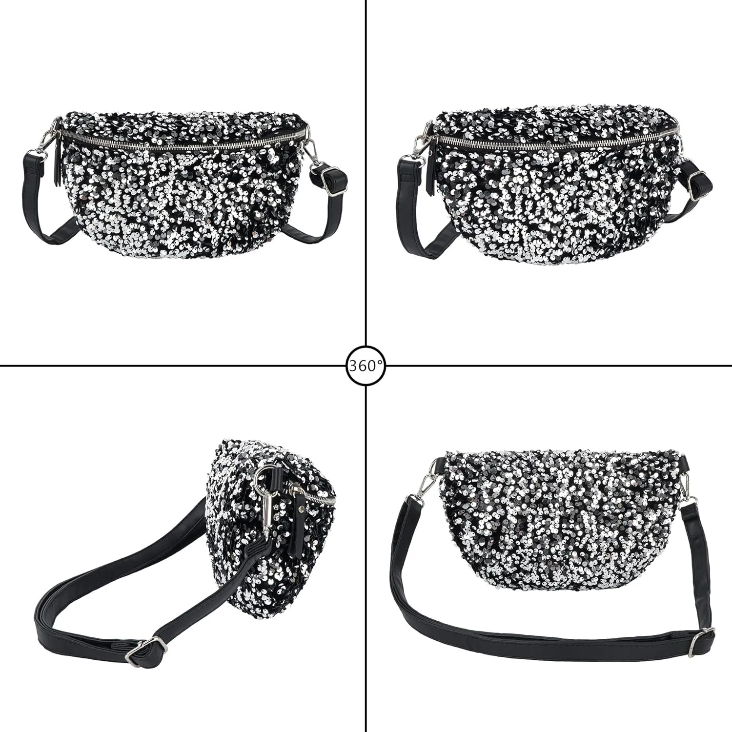 Women Large Glitter Sequins Velvet Fanny Pack Waist Bag Chest Bag Crossbody Shoulder Bag
