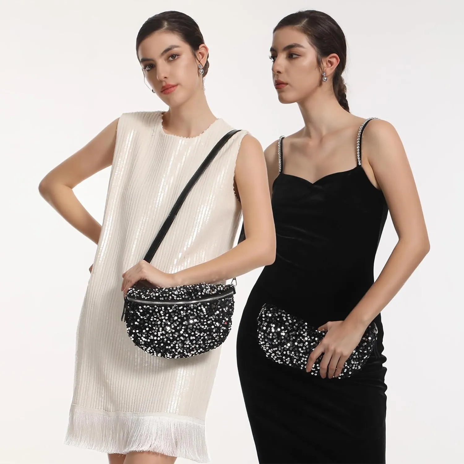 Women Large Glitter Sequins Velvet Fanny Pack Waist Bag Chest Bag Crossbody Shoulder Bag