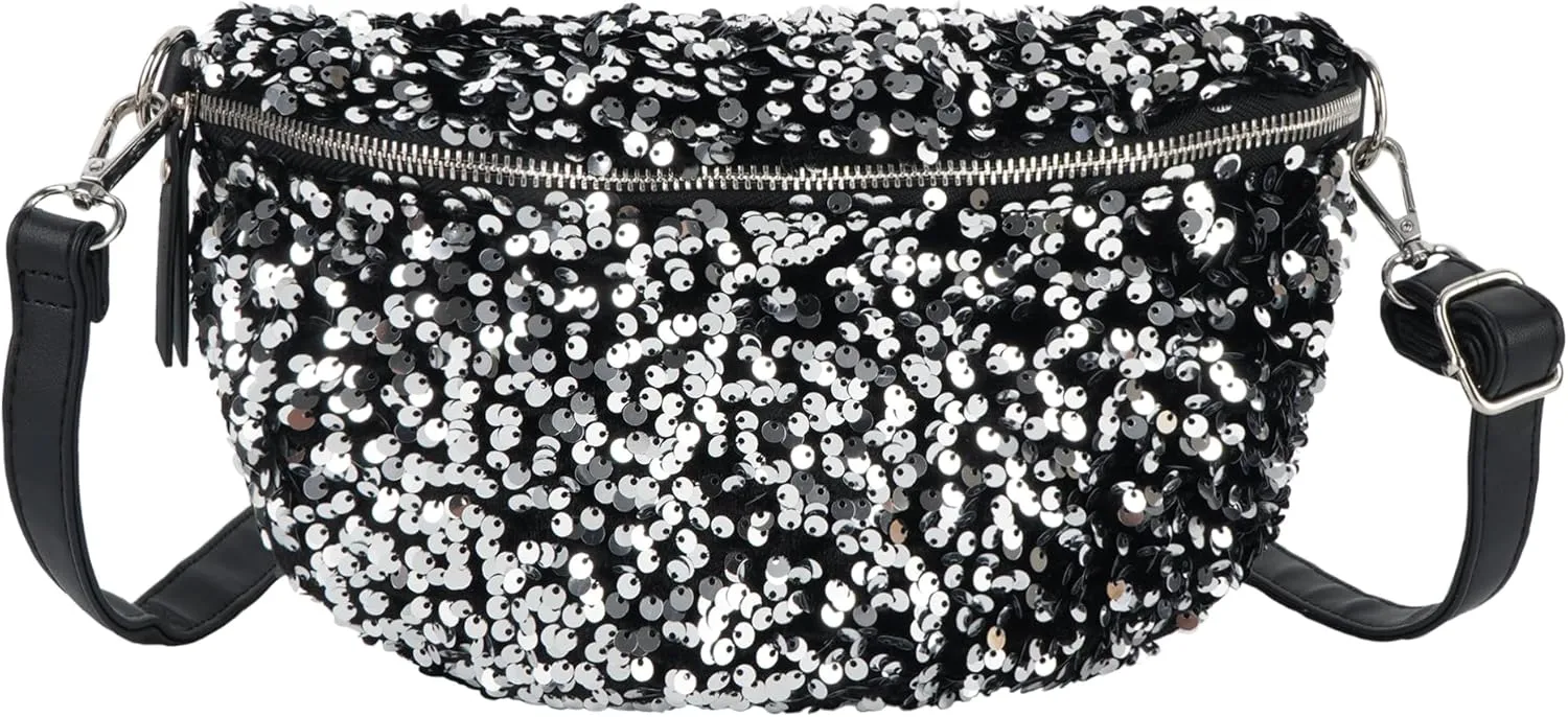 Women Large Glitter Sequins Velvet Fanny Pack Waist Bag Chest Bag Crossbody Shoulder Bag