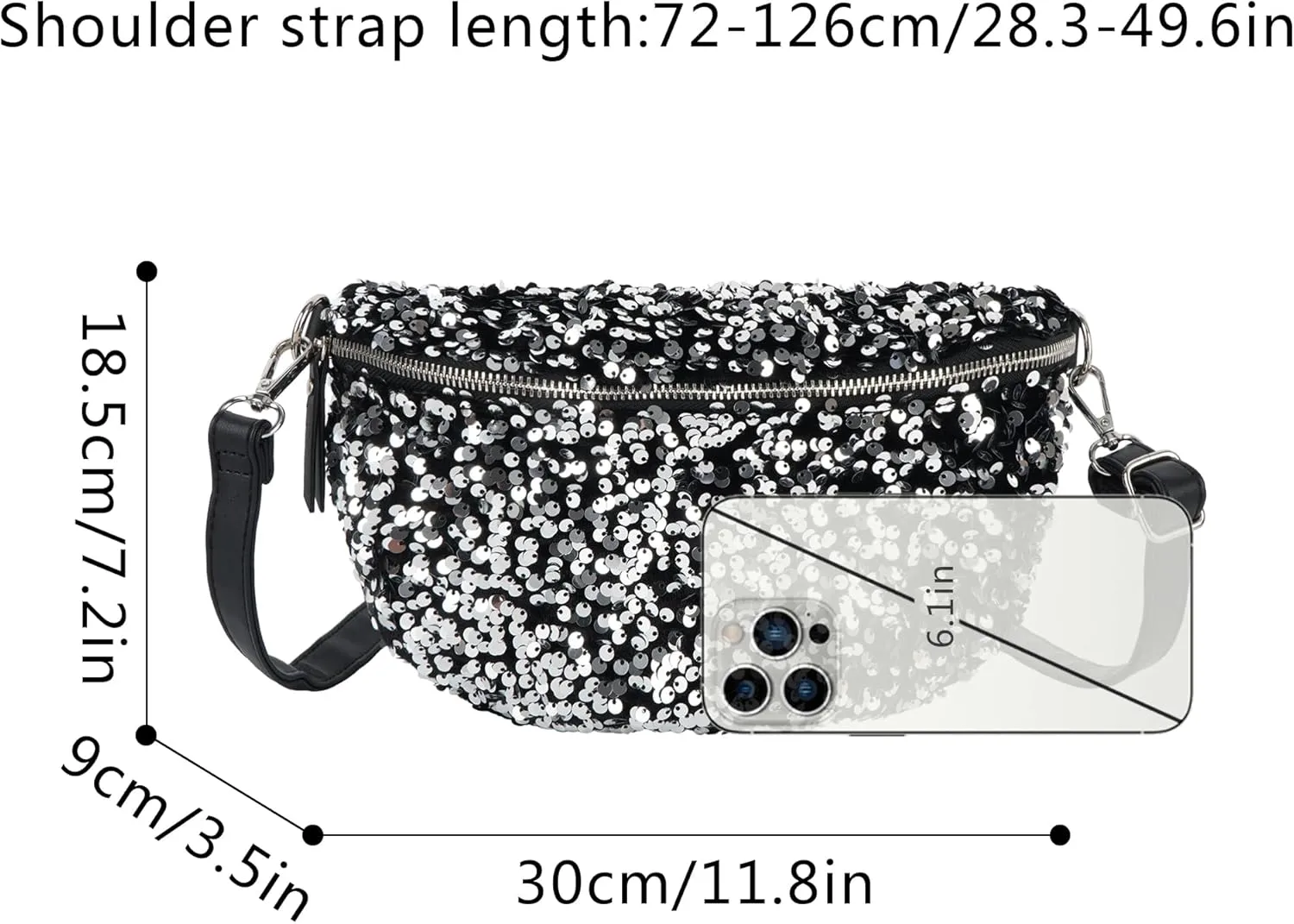 Women Large Glitter Sequins Velvet Fanny Pack Waist Bag Chest Bag Crossbody Shoulder Bag